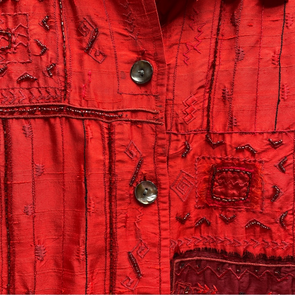 Chico’s Red Black Silk Beaded Patchwork Jacket Sz… - image 4